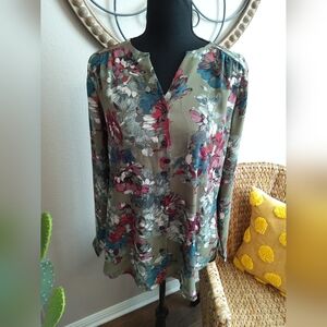 Van Heusen Olive Green Floral Long-Sleeve V-Neck Blouse